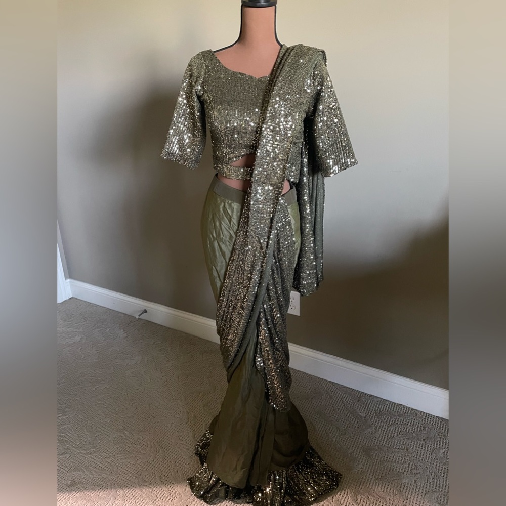 Olive Green Ready Pleat Sequin and Silk Sari with Sequined Blouse
